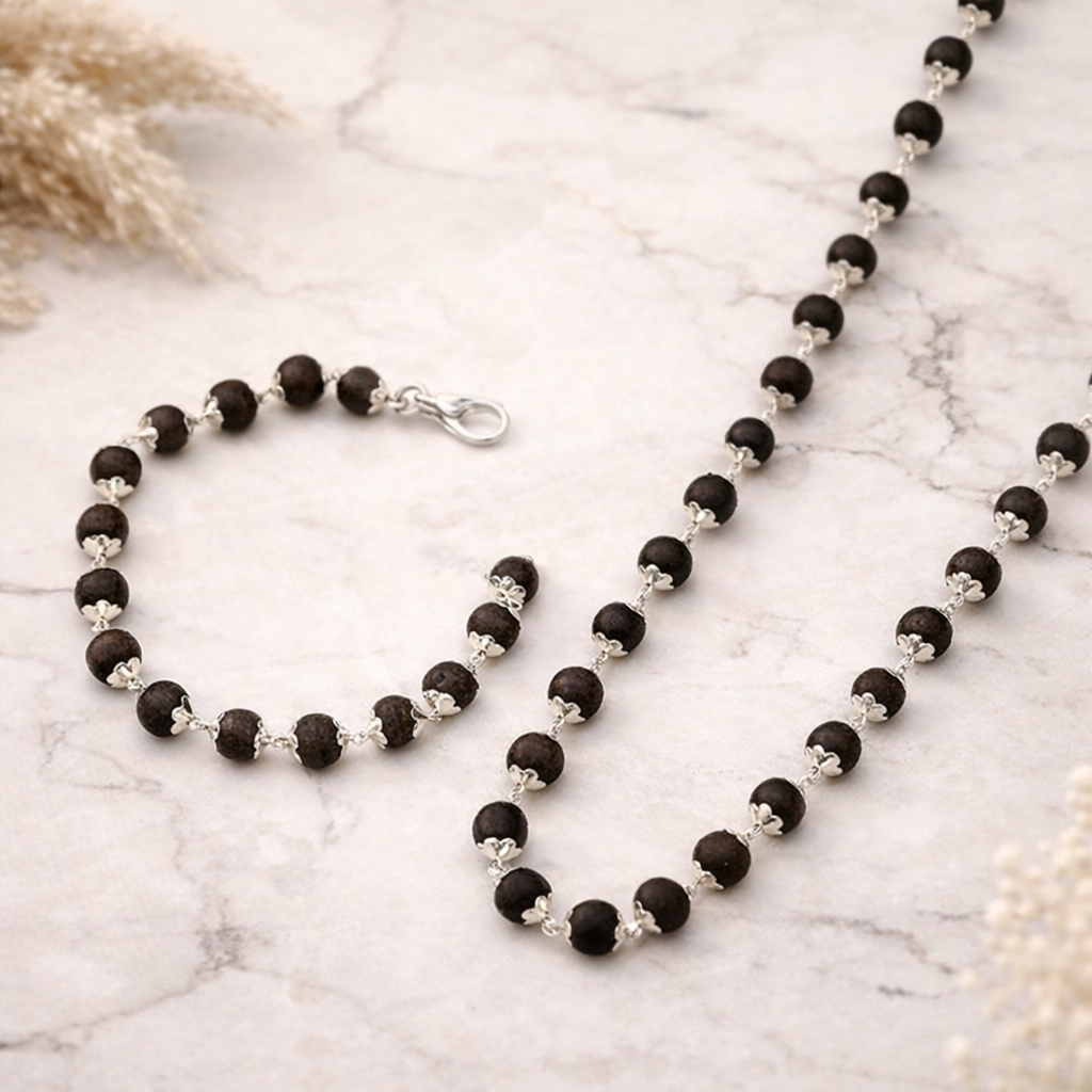Original Karungali Mala and Bracelet Combo with Silver Plated Caps - RatnaSetu