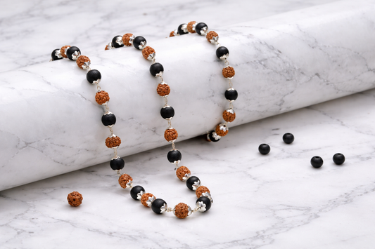 Original Karungali & Rudraksha Mala with Bracelet Combo - Silver Plated Caps - RatnaSetu